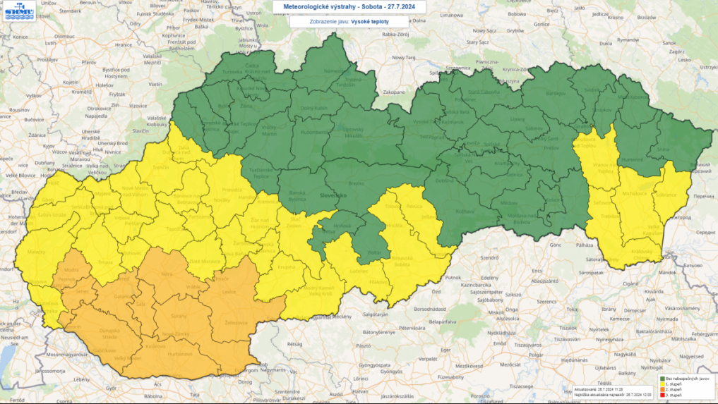 Mapa Slovenska s výstrahami pred vysokými teplotami.