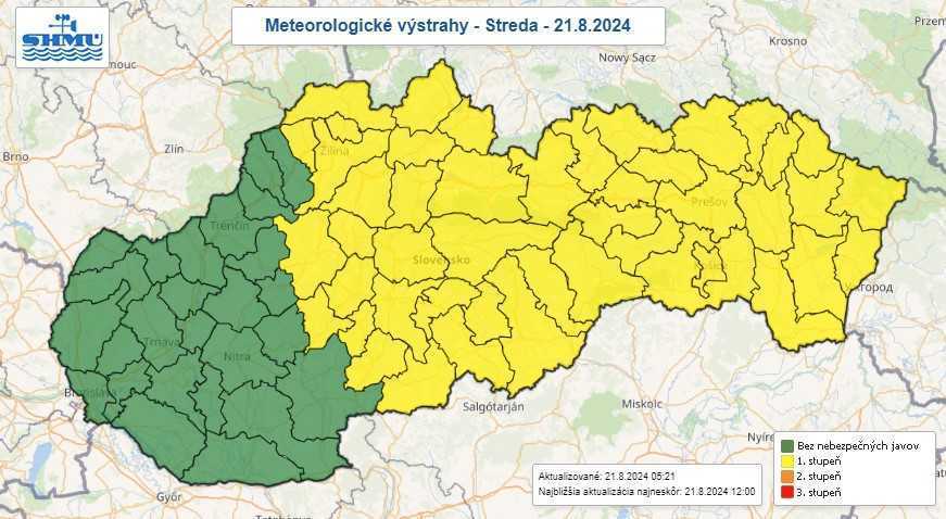 Na snímke mapa Slovenska s meteorologickými výstrahami.