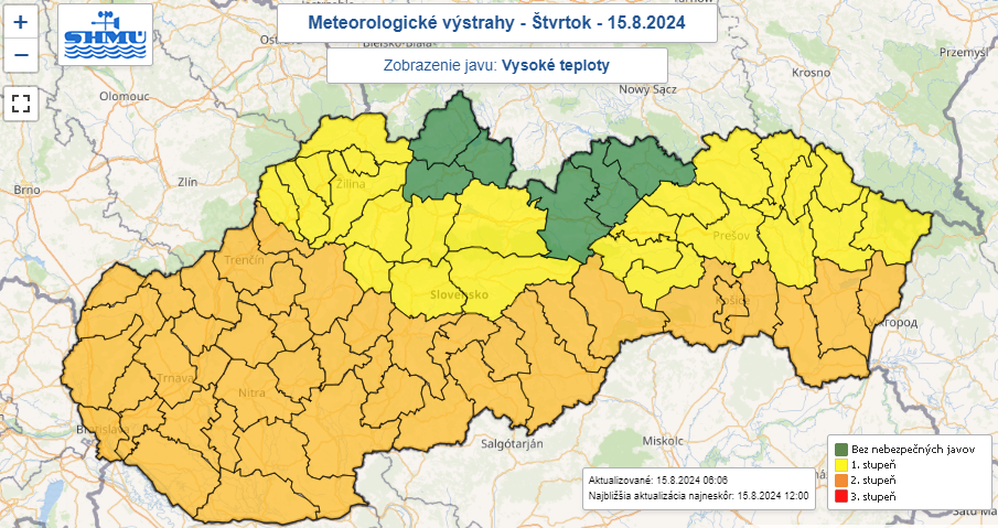 Výstraha pred vysokými teplotami vo štvrtok 15. augusta 2024.