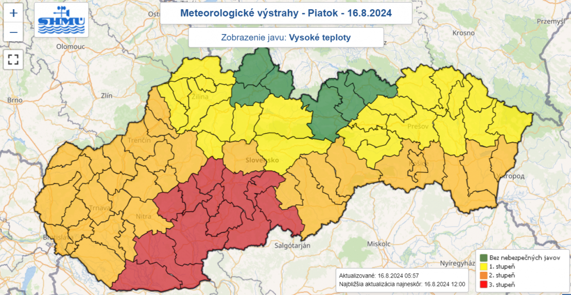 Výstraha pred vysokými teplotami v piatok 16. augusta 2024.