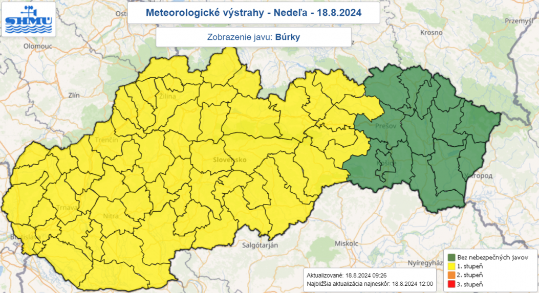 Výstraha pred búrkami v nedeľu 18. augusta 2024.