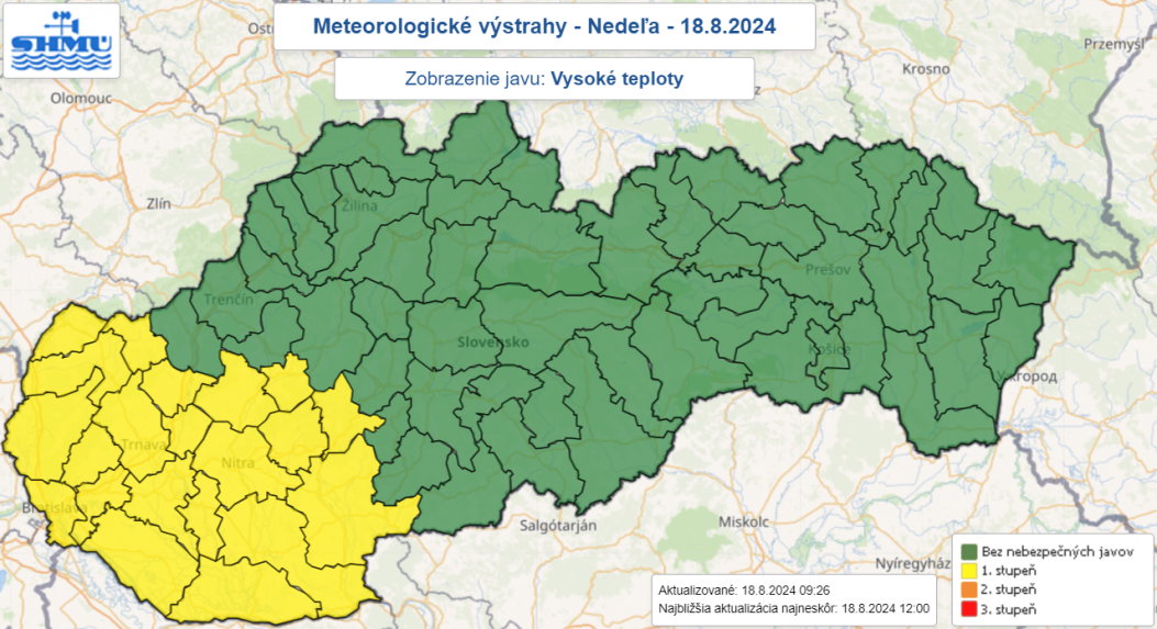 Výstraha pred vysokými teplotami v nedeľu 18. augusta 2024.