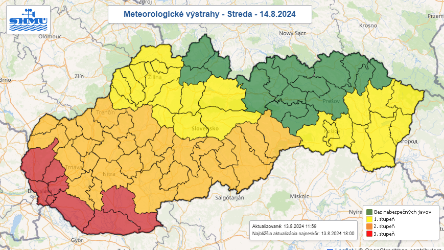 Na snímke mapa Slovenska s výstrahami.