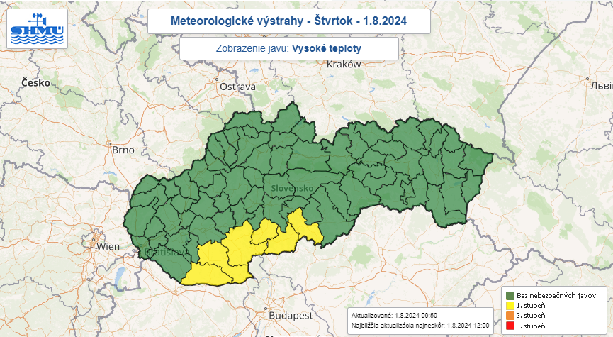 Na snímke mapa Slovenska s vyznačenými výstrahami.