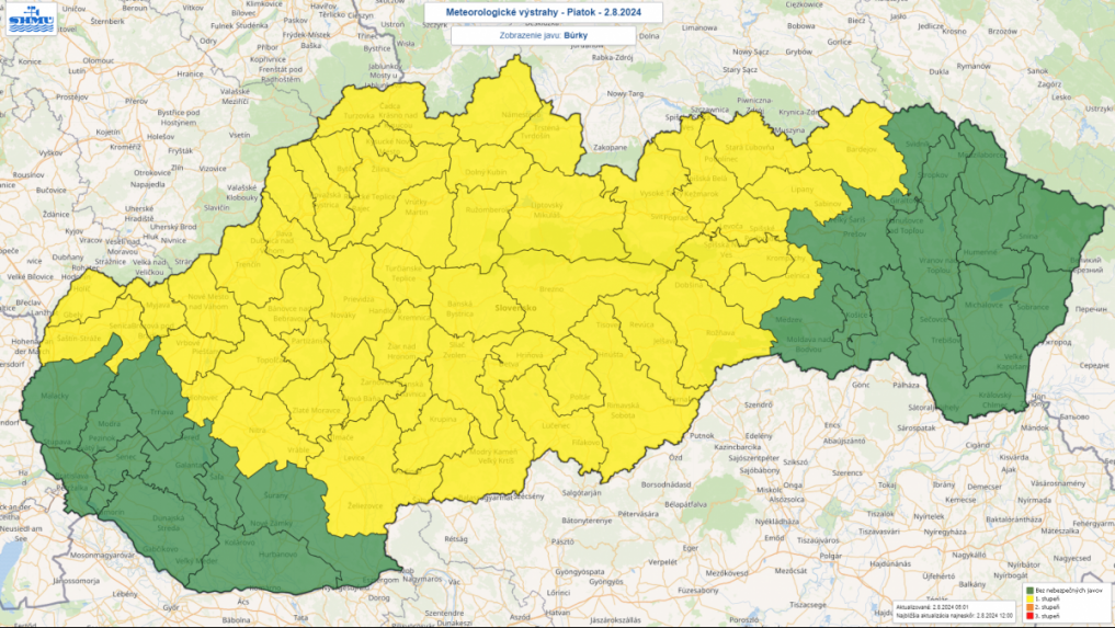 Mapa Slovenska s výstrahami pred búrkami.