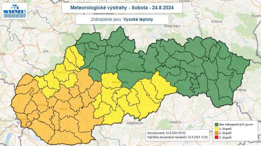 Na snímke mapa výstrah pred vysokými teplotami.