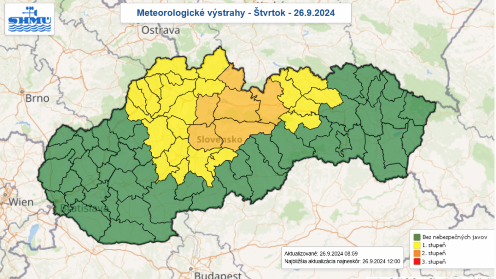 Na snímke mapa s vydanými výstrahami.