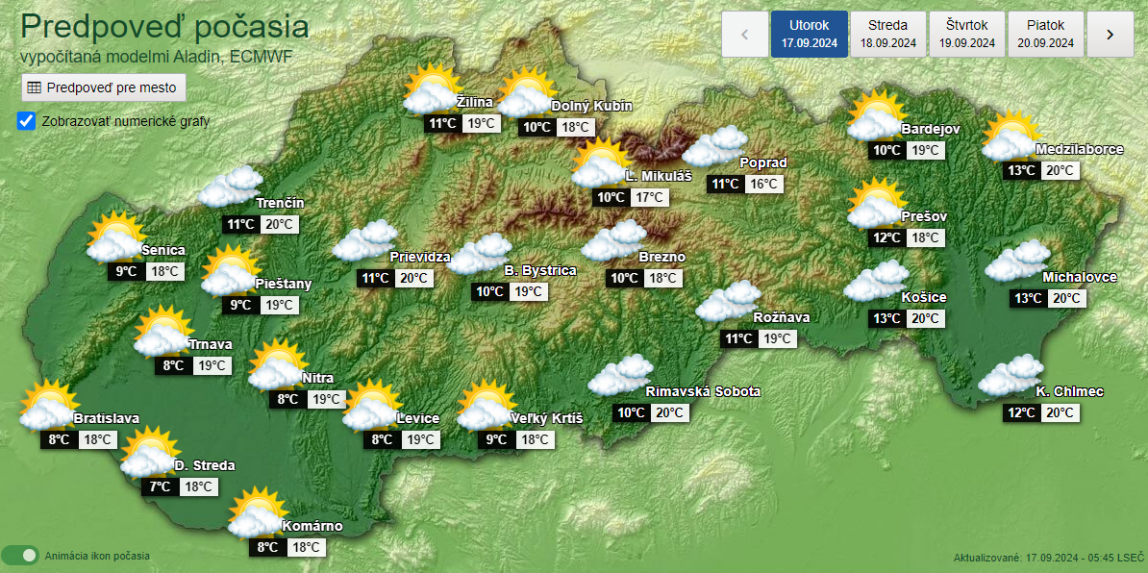 Grafická predpoveď počasia SHMÚ na utorok 17. 9. 2024.