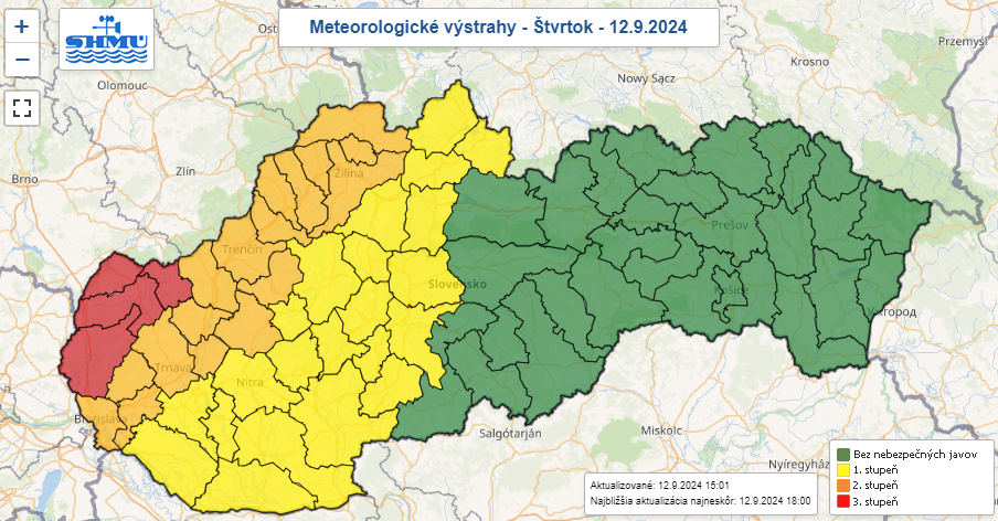 Výstrahy pred dažďom vo štvrtok 12. septembra 2024.