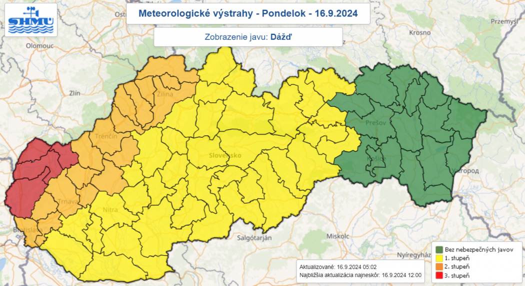 VÃƒÂ½strahy pred daÃ…Â¾Ã„Âom v pondelok 16. septembra 2024.