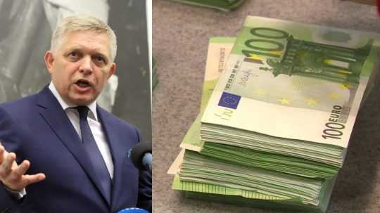 Zľava premiér Robert Fico za Smer-SD, vpravo balík bankoviek.