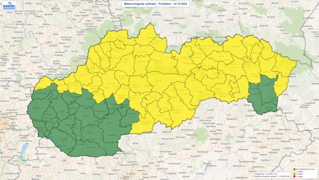 Mapa Slovenska s meteorologickými výstrahami.