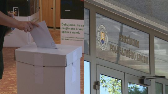 Na snímke volič vhadzuje lístok do volebnej urny, vpravo sídlo Prezídia policajného zboru.