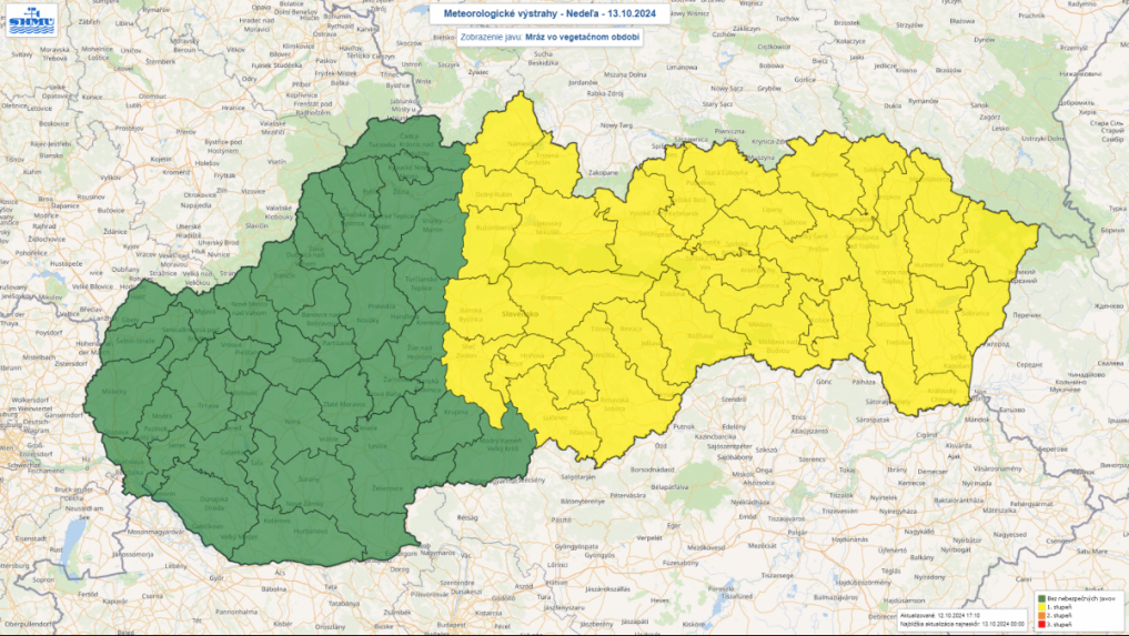 Mapa Slovenska s výstrahami pred mrazom vo vegetačnom období.