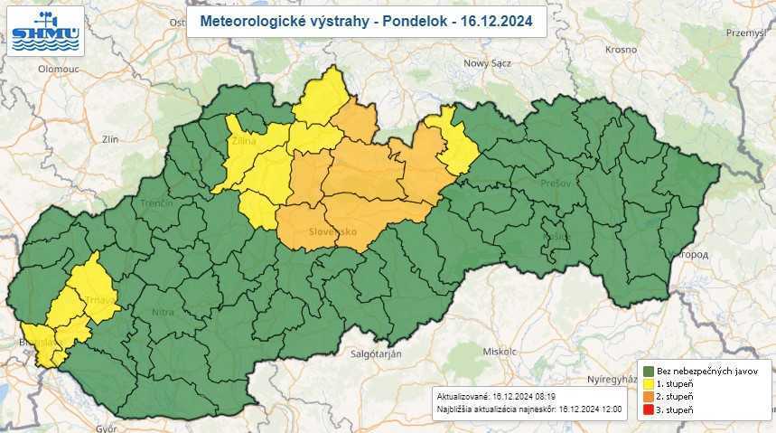 Na snímke mapa s označením výstrah pred vetrom.