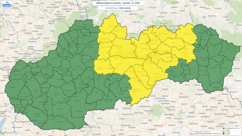 Mapa Slovenka s meteorologickými výstrahami pred nízkymi teplotami.